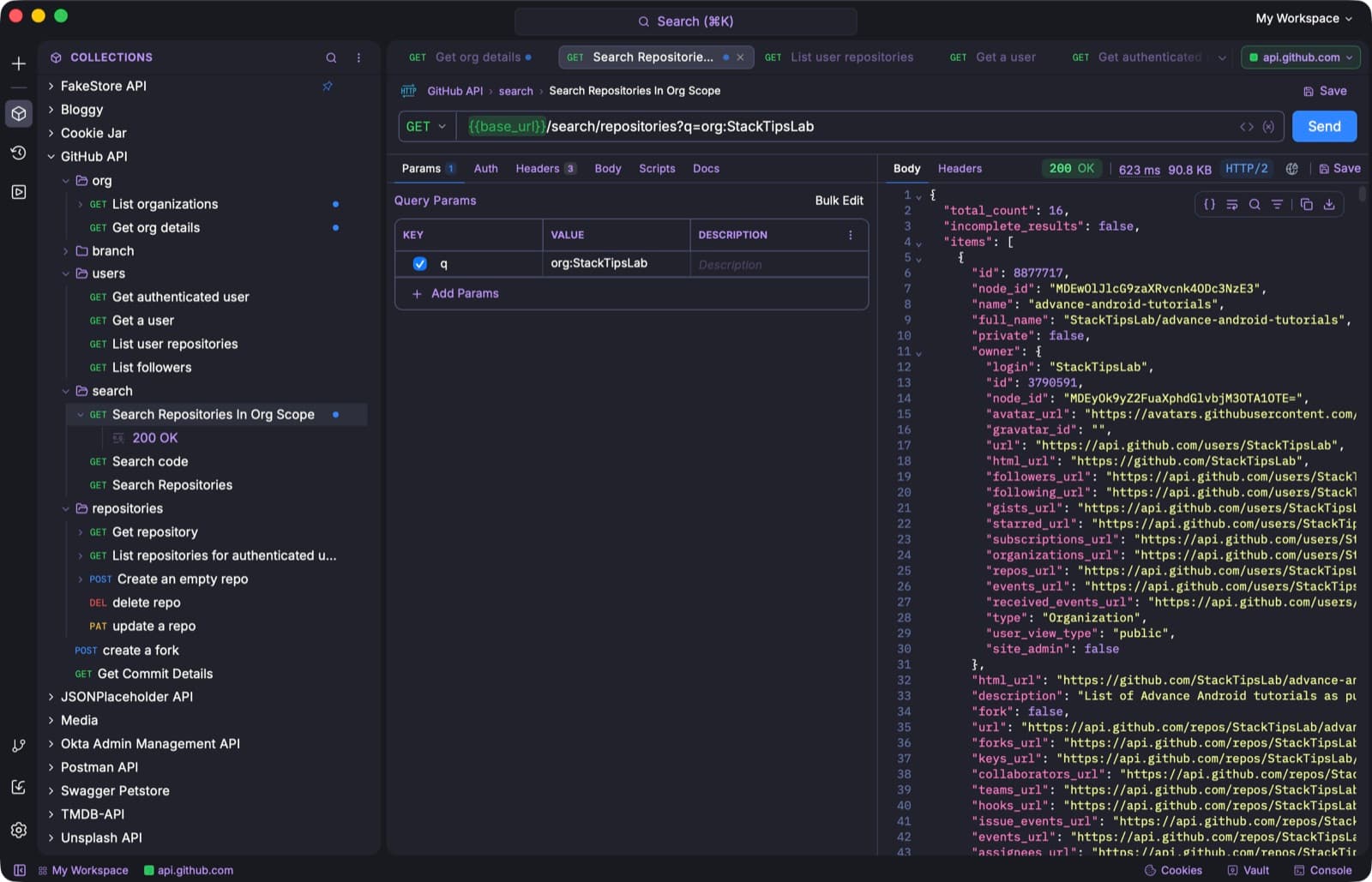 Curlex request builder with collections, query params and a JSON response
