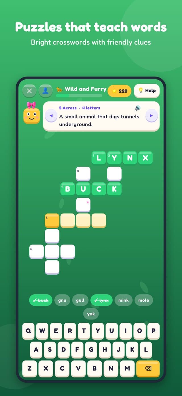 A crossword in progress with a definition clue, letter blocks and the word bank above the keyboard
