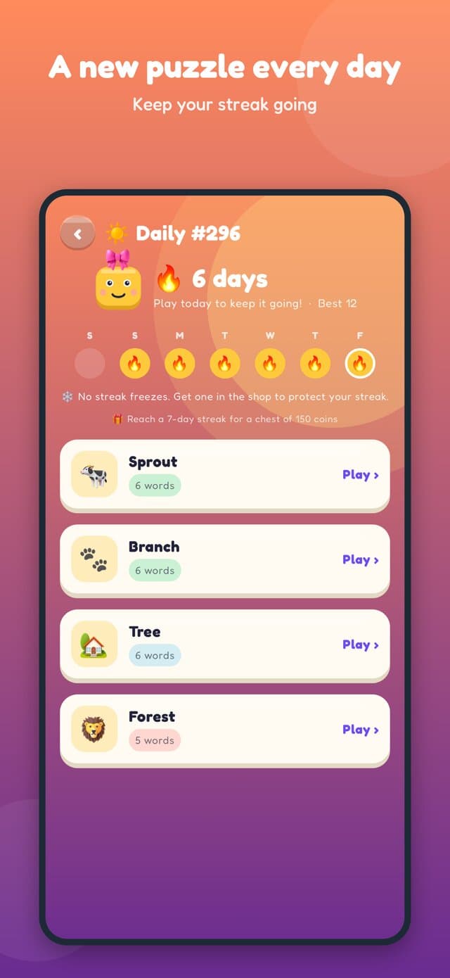 Daily puzzle with a 6-day streak calendar and a puzzle for each path