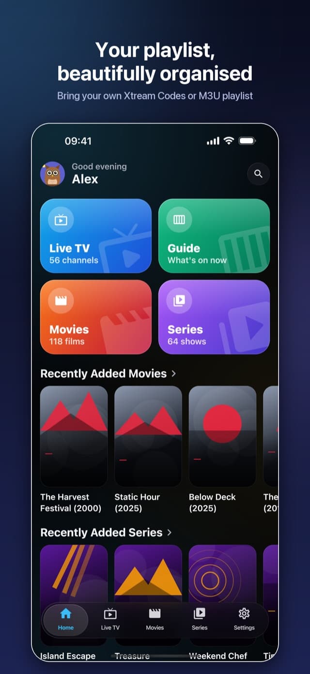 Home screen with Live TV, Guide, Movies and Series tiles and recently added titles