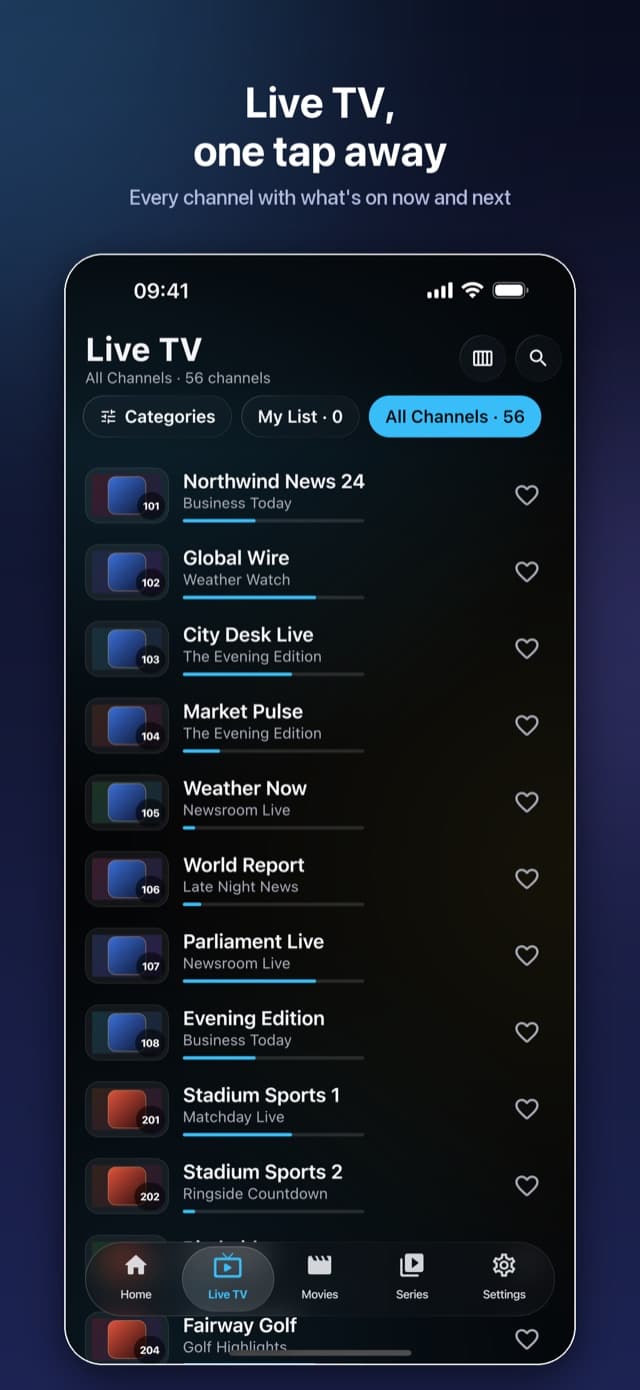 Live TV channel list with what's on now and next