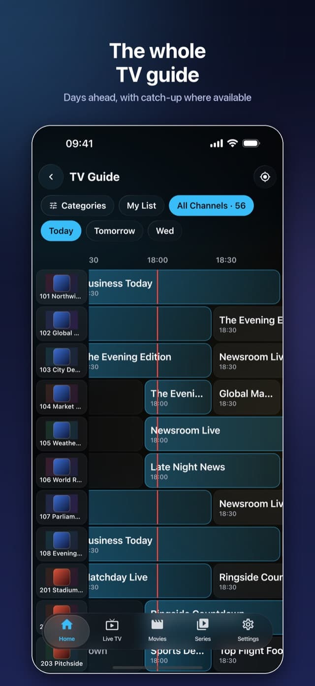 TV guide grid with channels, a timeline and a now marker