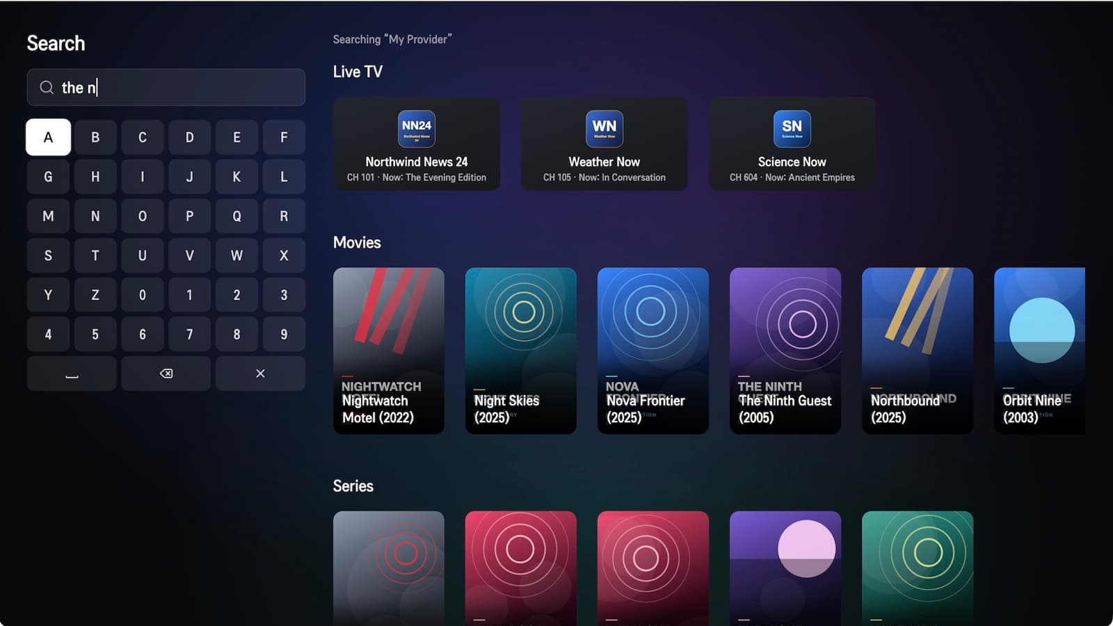 Search screen with an on-screen keyboard and results grouped into Live TV, Movies and Series